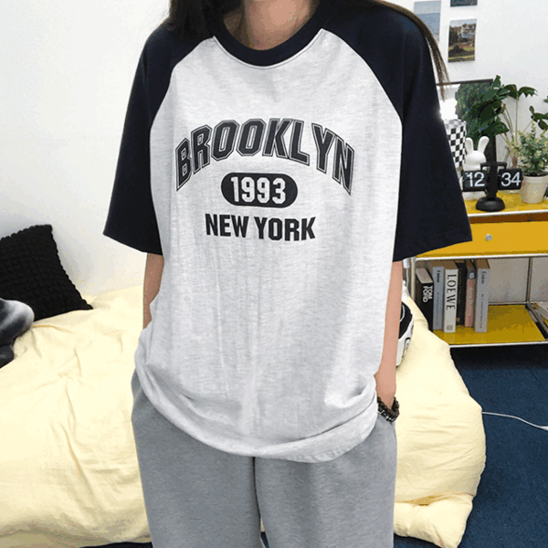 심쿵 [최저가보장!/4col] 브루클린 루즈핏 레터링 배색 반팔 티셔츠